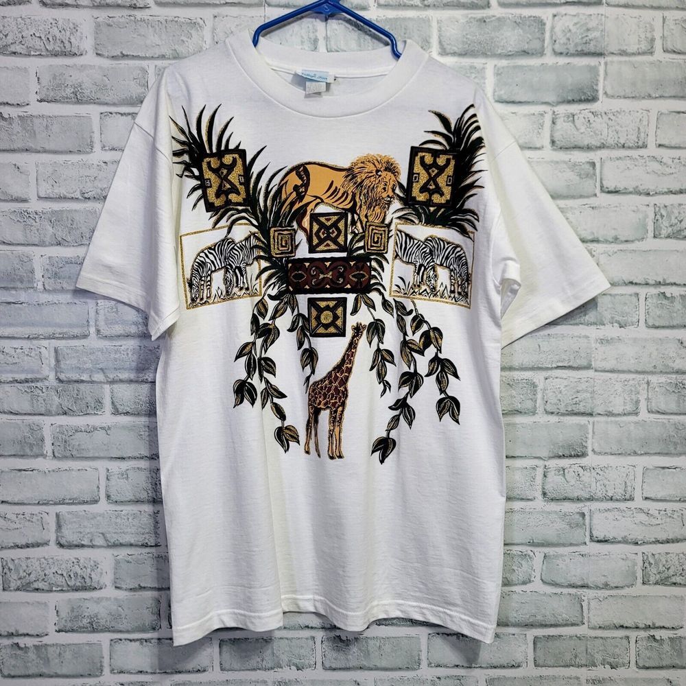 Vintage 90s Village Fair Womens M White Safari Zebra Giraffe Puff Paint Tshirt